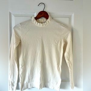 J. Crew, white cotton sweater with ruffle neck. Size XXS.